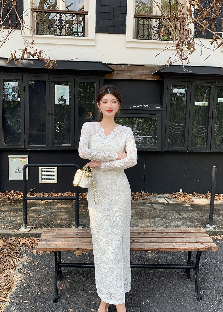 Slim package hip lace V-neck spring long sleeve dress