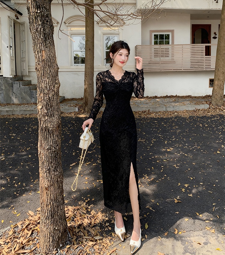 Slim package hip lace V-neck spring long sleeve dress