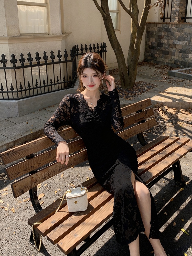 Slim package hip lace V-neck spring long sleeve dress