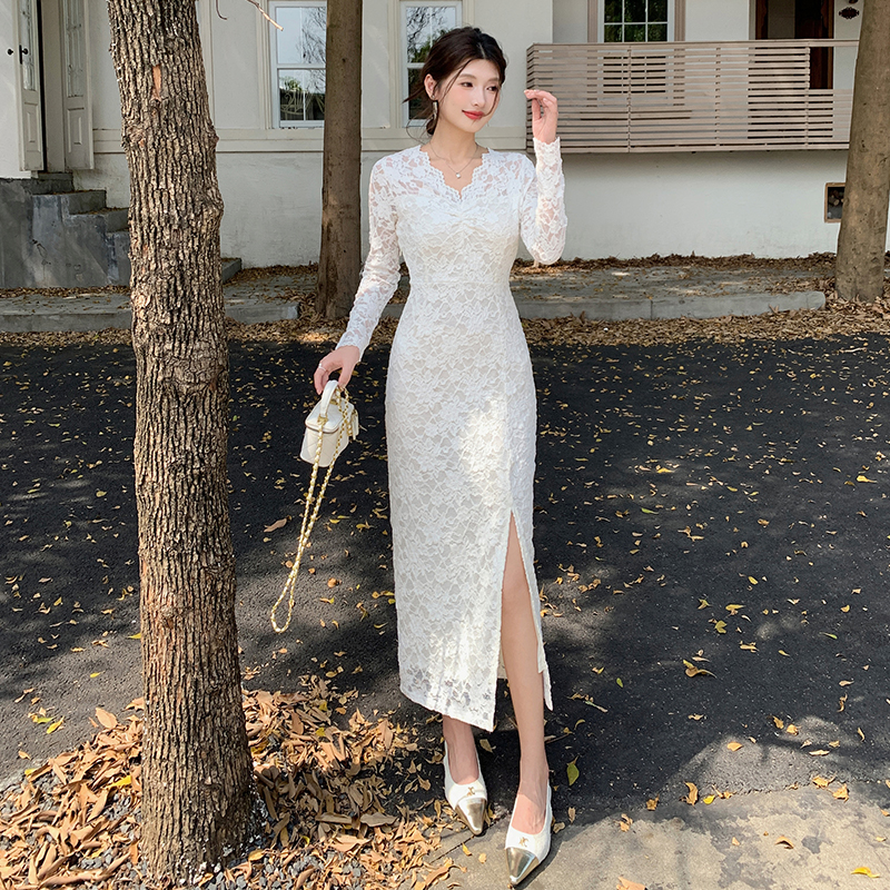 Slim package hip lace V-neck spring long sleeve dress