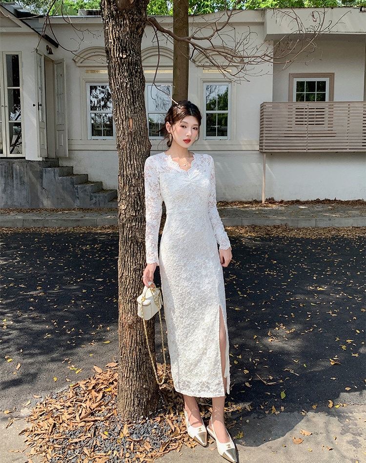 Slim package hip lace V-neck spring long sleeve dress