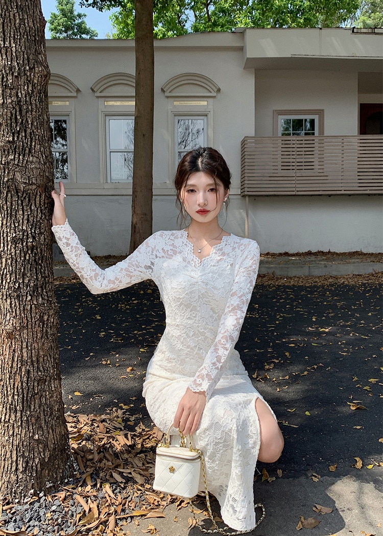 Slim package hip lace V-neck spring long sleeve dress