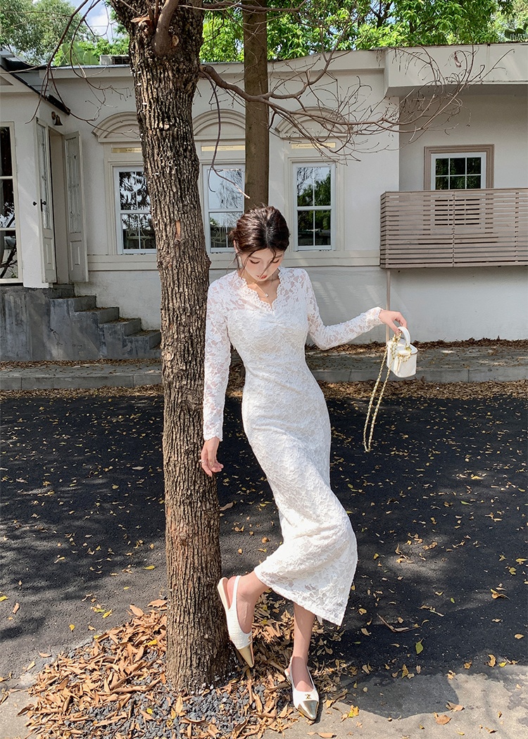 Slim package hip lace V-neck spring long sleeve dress