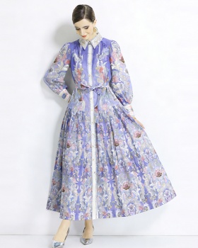 Lapel retro long dress spring and autumn printing dress 2pcs set