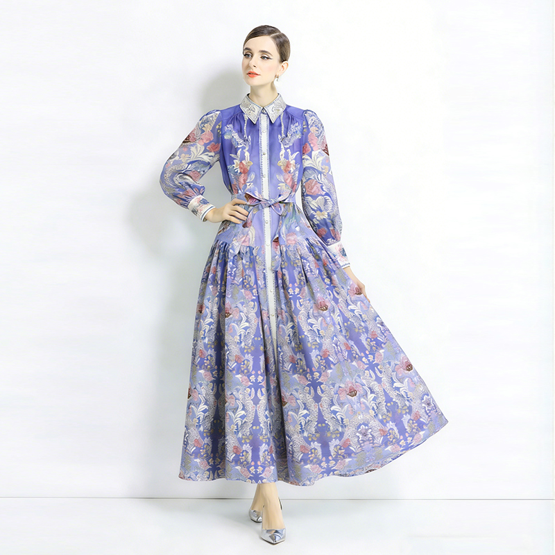 Lapel retro long dress spring and autumn printing dress 2pcs set
