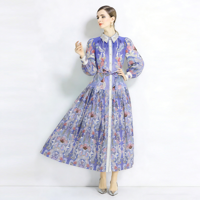 Lapel retro long dress spring and autumn printing dress 2pcs set