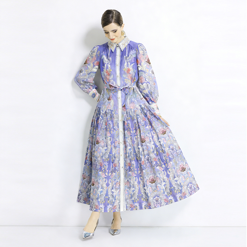 Lapel retro long dress spring and autumn printing dress 2pcs set