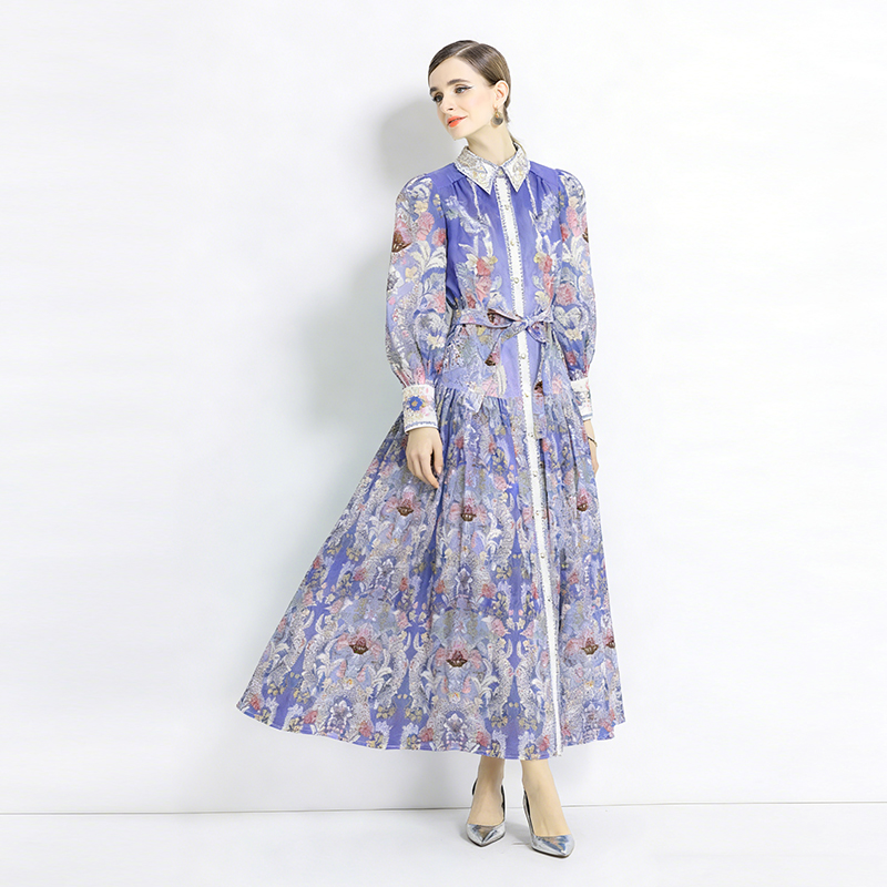 Lapel retro long dress spring and autumn printing dress 2pcs set