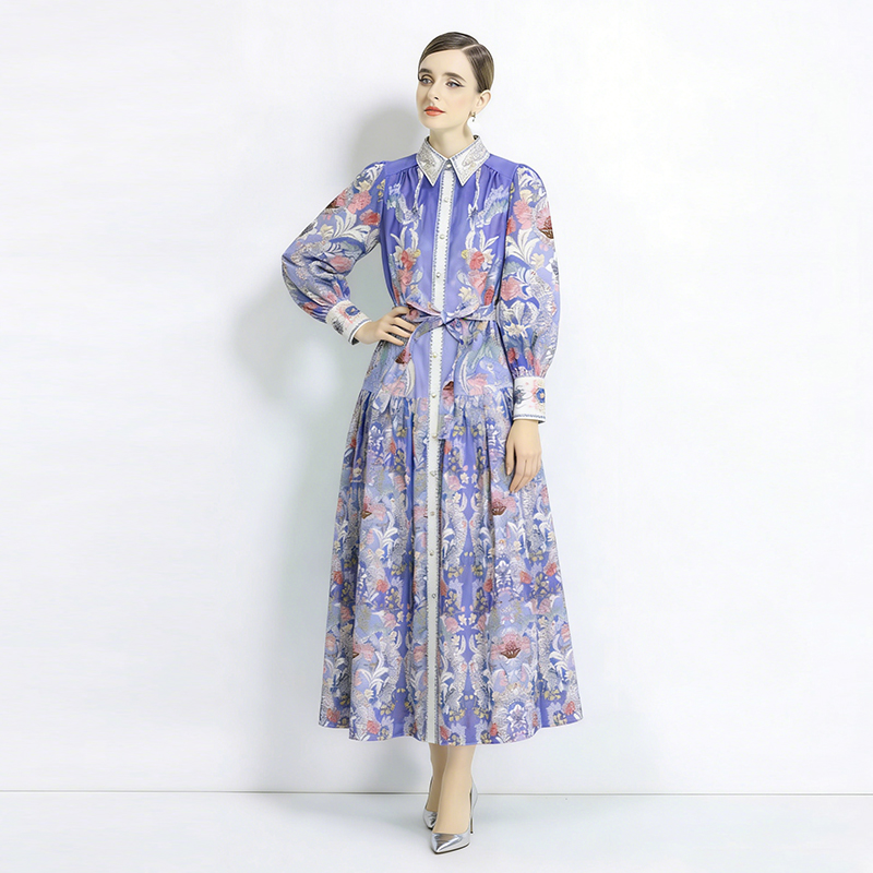Lapel retro long dress spring and autumn printing dress 2pcs set