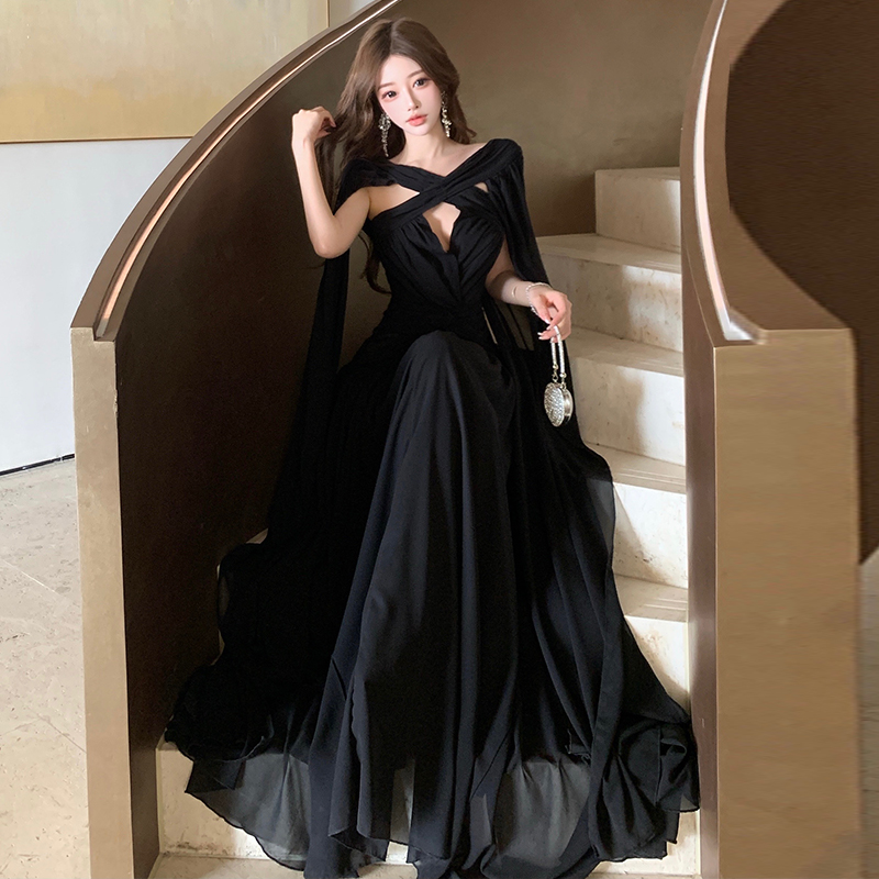 Black vacation formal dress halter sexy long dress