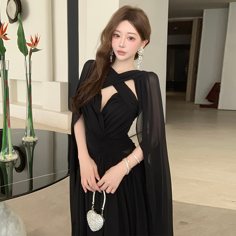 Black vacation formal dress halter sexy long dress