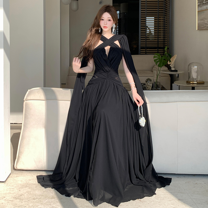 Black vacation formal dress halter sexy long dress