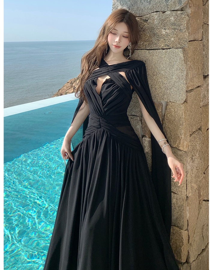Black vacation formal dress halter sexy long dress