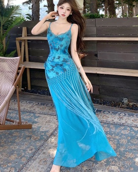 Blue summer dress vacation sling long dress for women