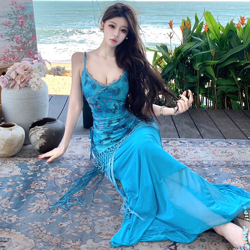 Blue summer dress vacation sling long dress for women