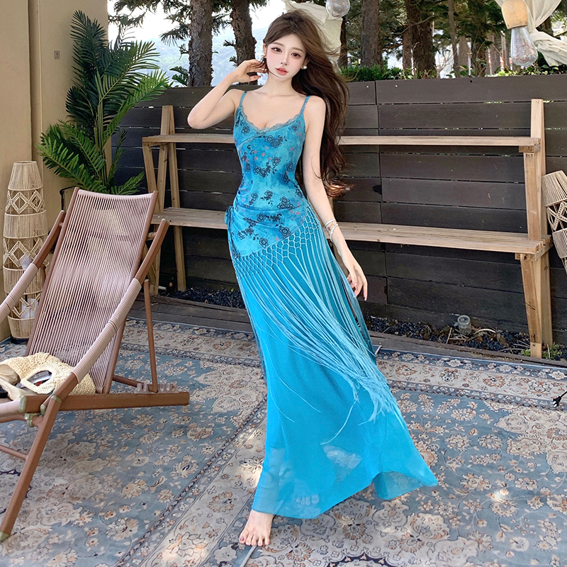 Blue summer dress vacation sling long dress for women