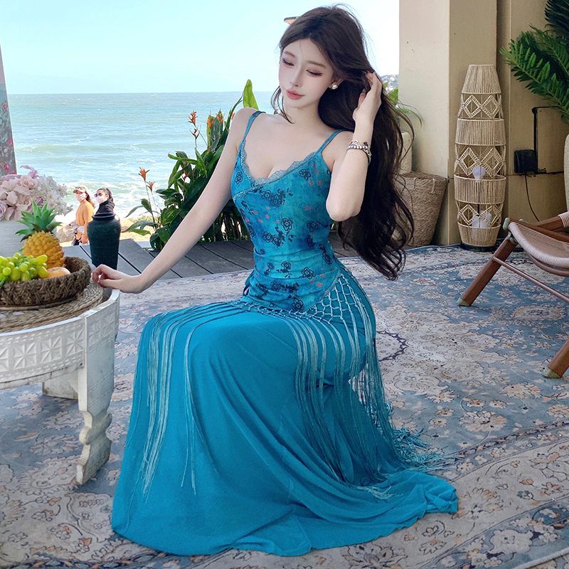 Blue summer dress vacation sling long dress for women