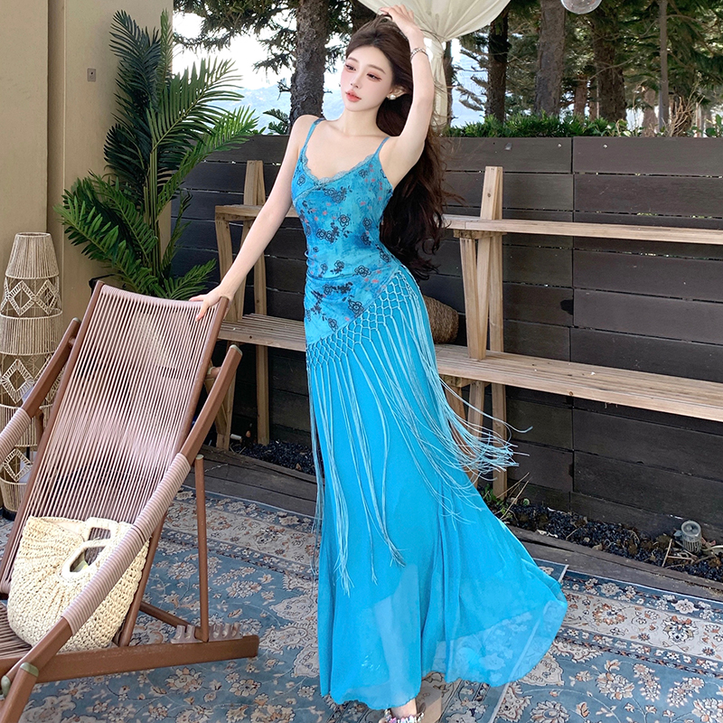 Blue summer dress vacation sling long dress for women