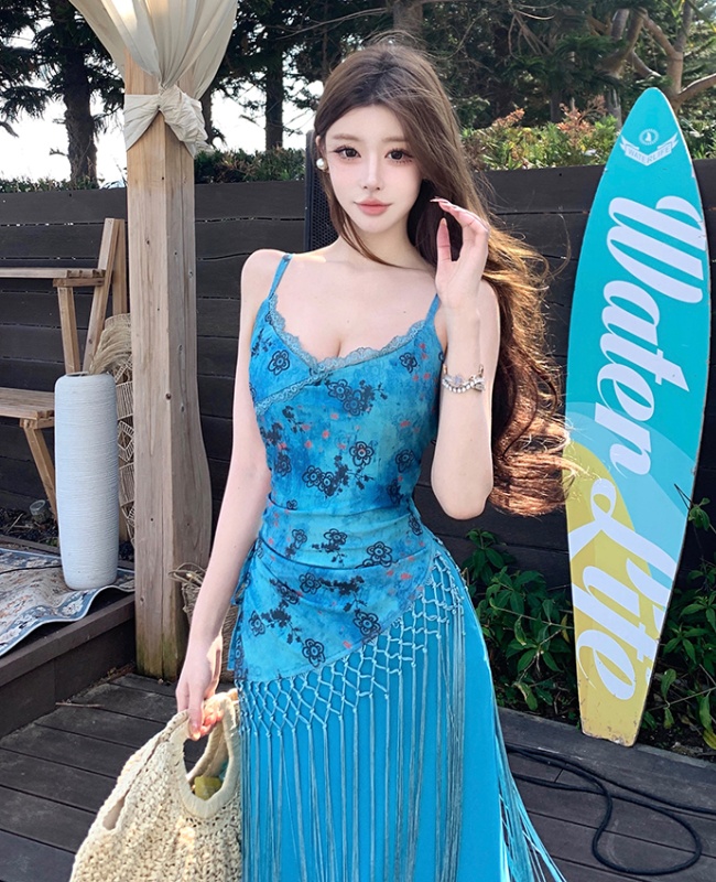 Blue summer dress vacation sling long dress for women