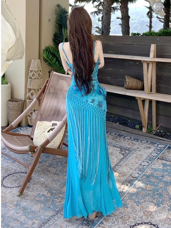 Blue summer dress vacation sling long dress for women