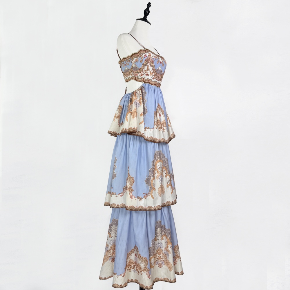 Printing blue summer vacation frenum sling cake dress
