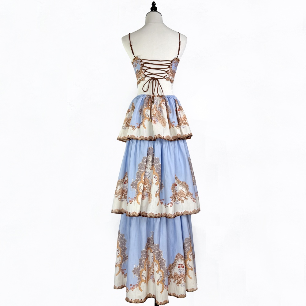Printing blue summer vacation frenum sling cake dress