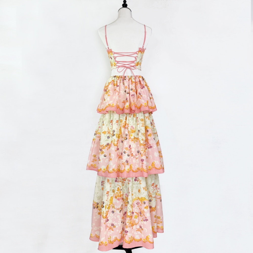 Printing blue summer vacation frenum sling cake dress