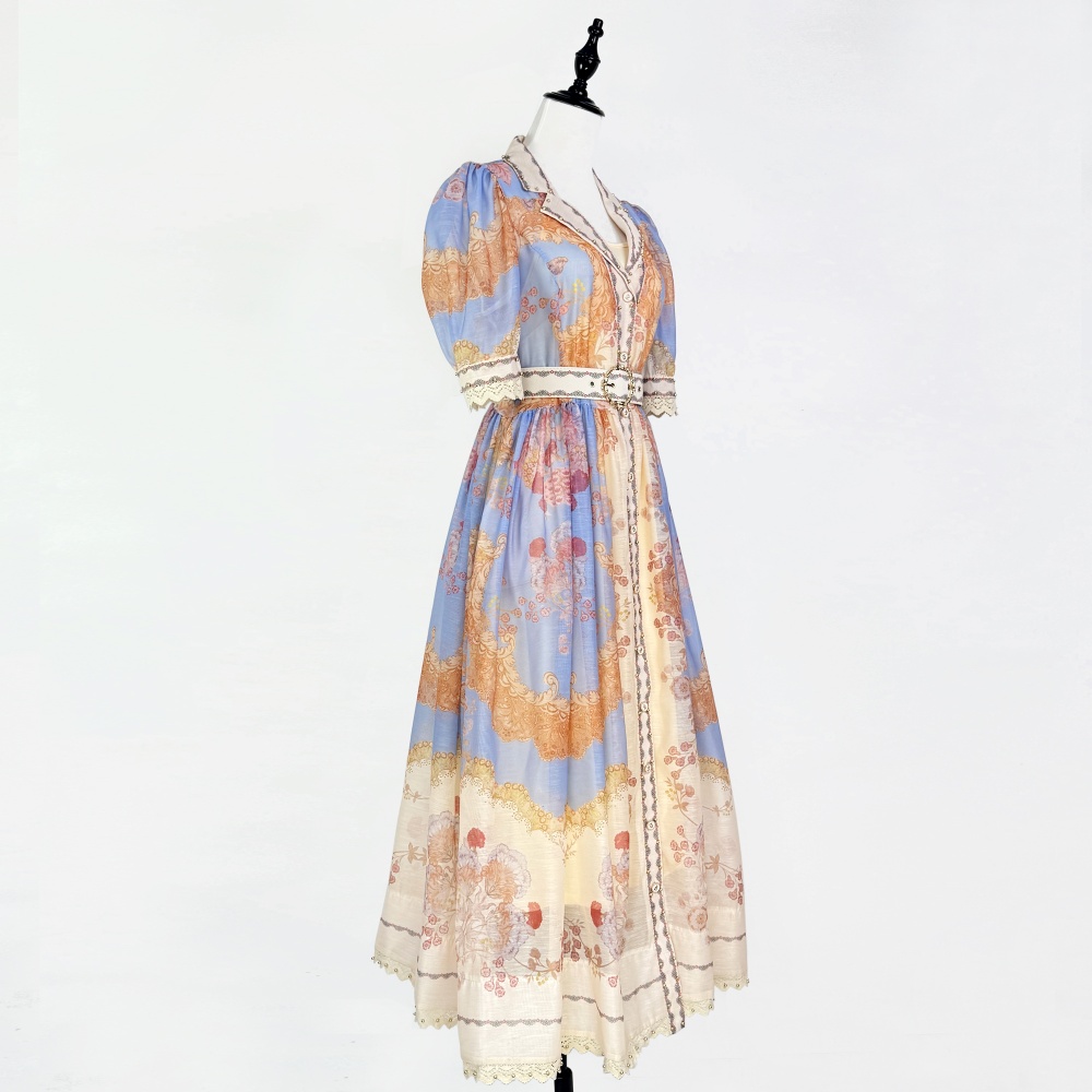 Lapel hollow dress European style big skirt belt