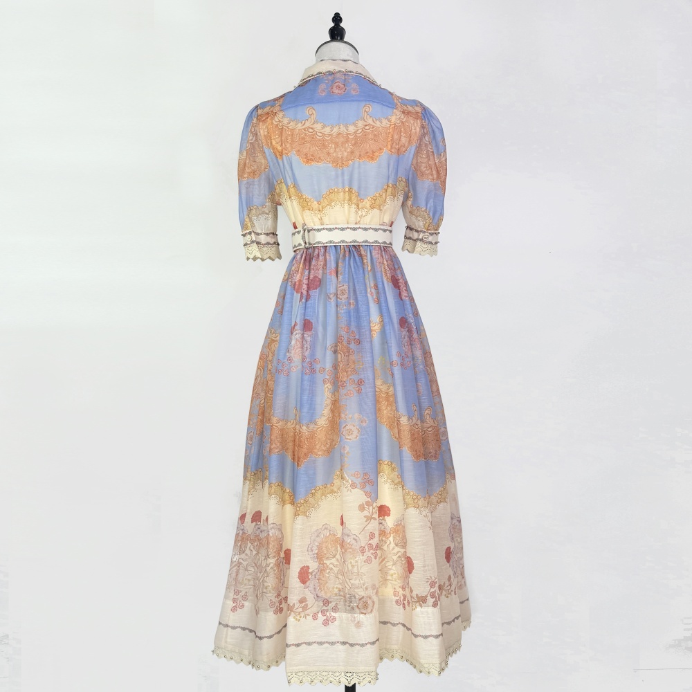 Lapel hollow dress European style big skirt belt