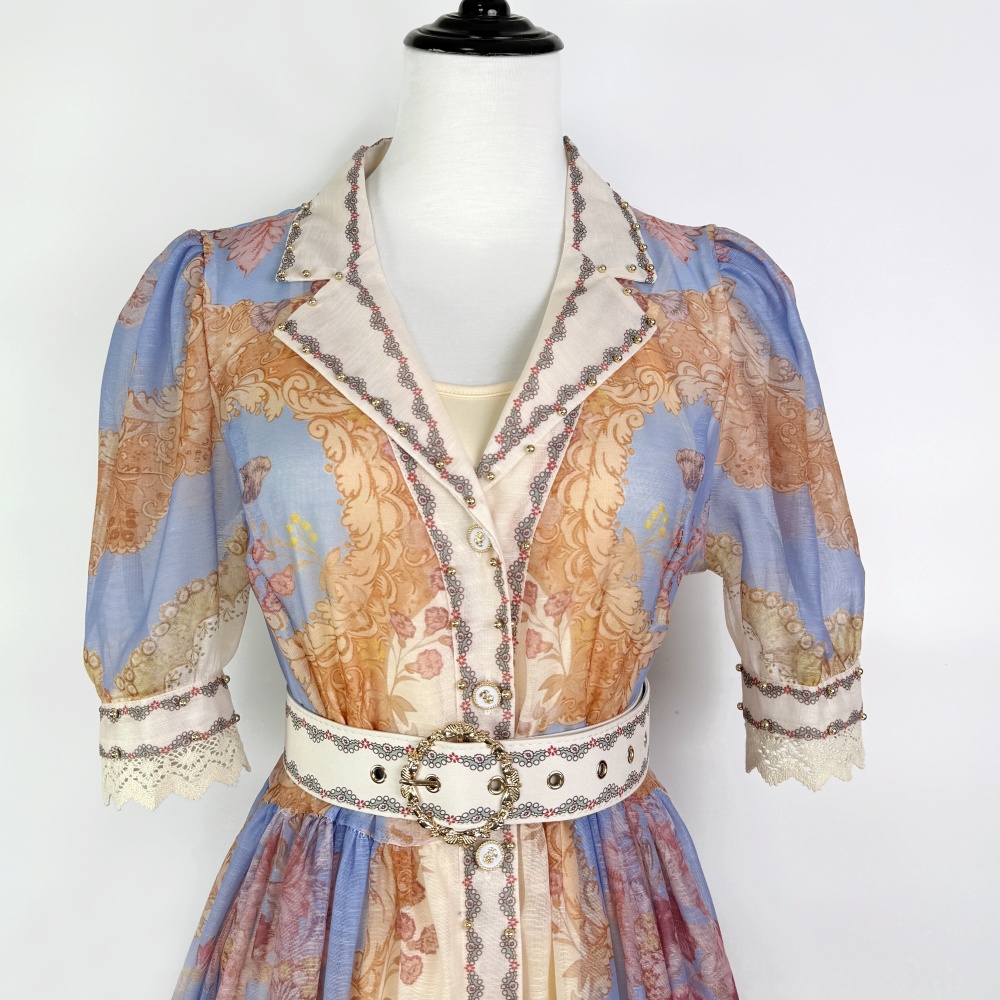 Lapel hollow dress European style big skirt belt