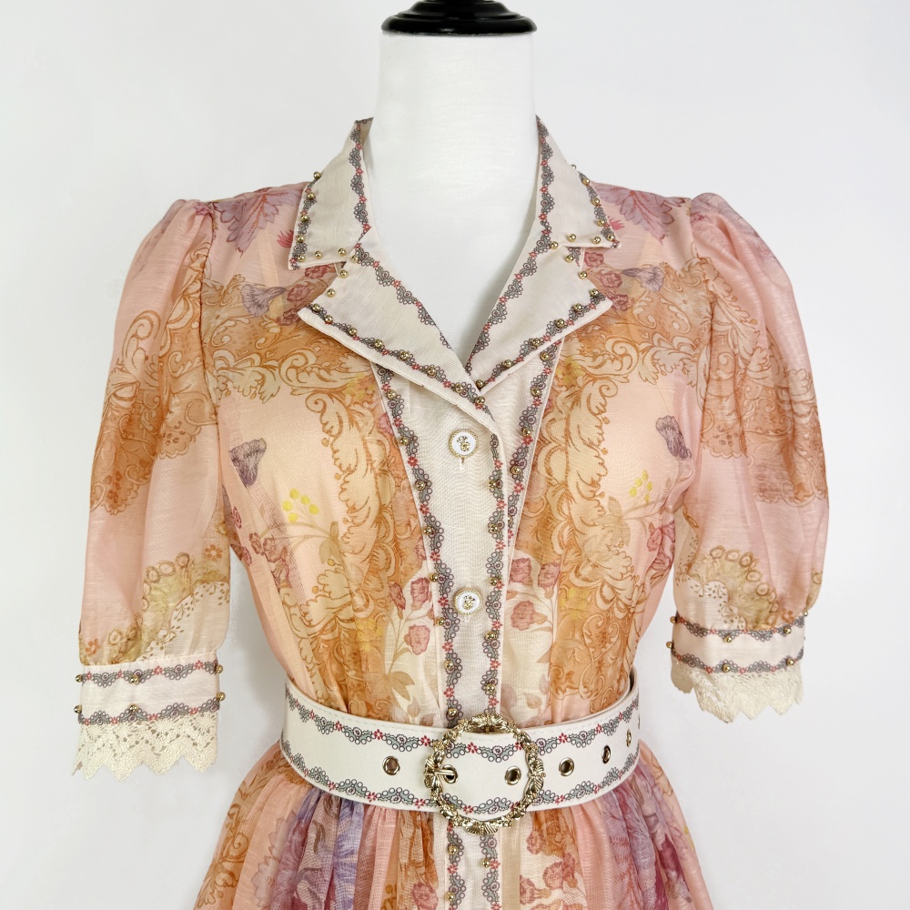 Lapel hollow dress European style big skirt belt