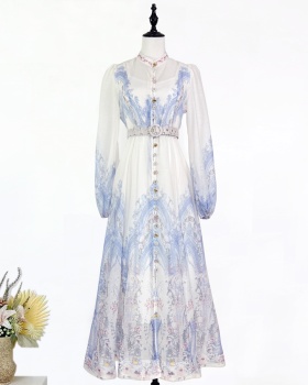 Cstand collar long dress single-breasted belt 2pcs set