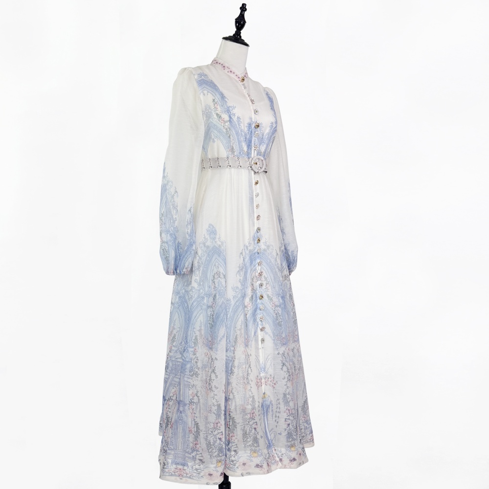 Cstand collar long dress single-breasted belt 2pcs set