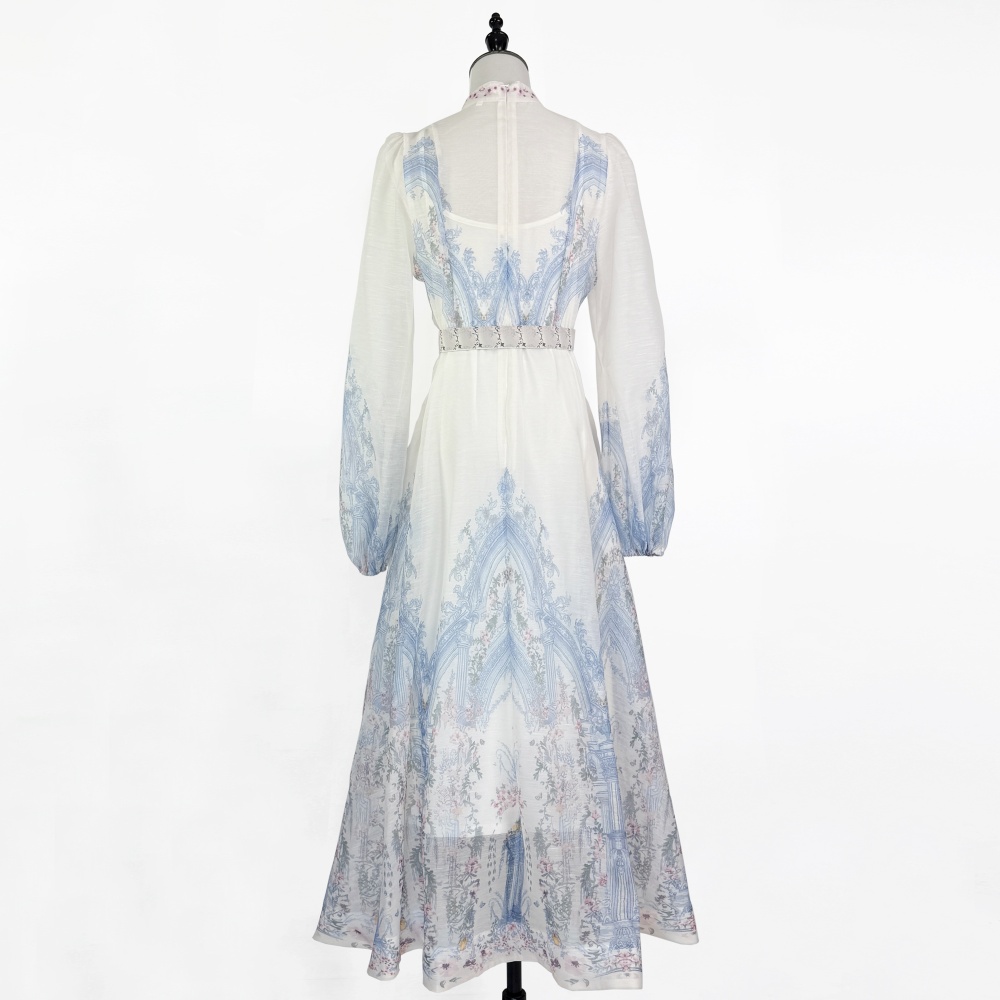 Cstand collar long dress single-breasted belt 2pcs set