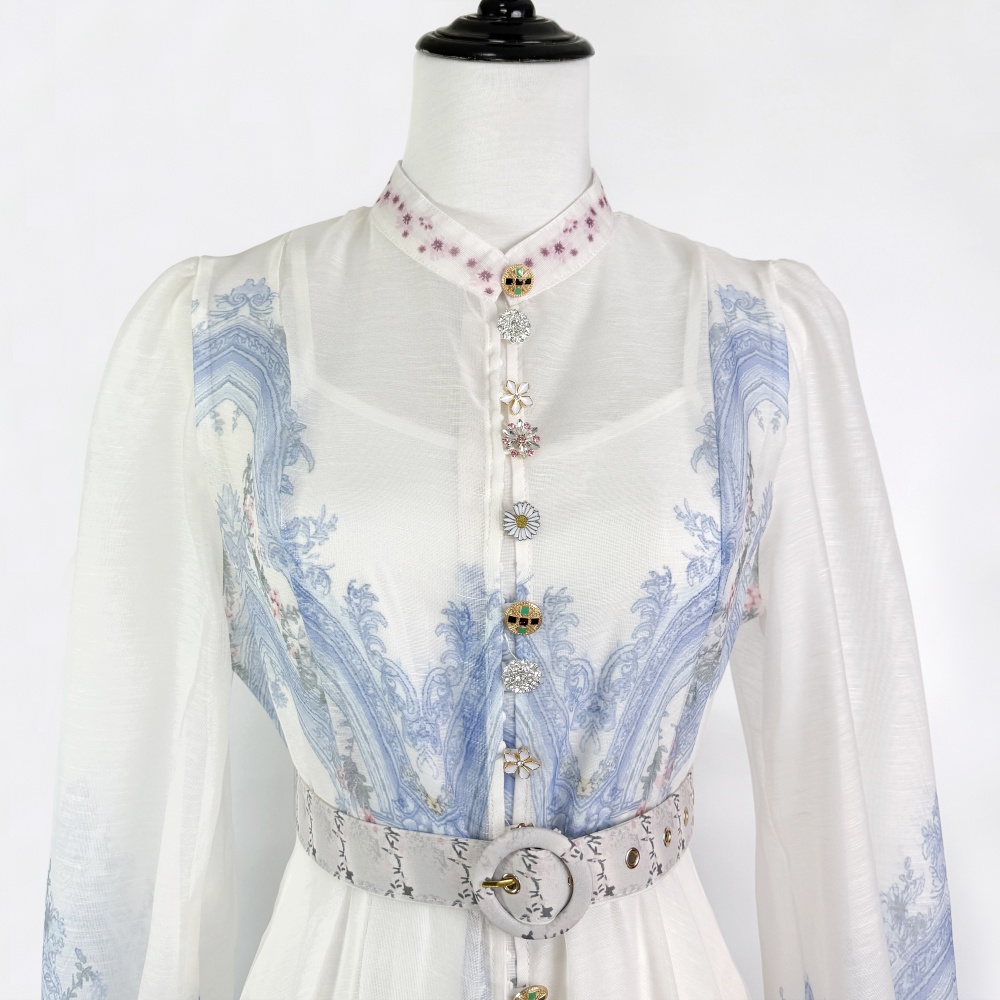 Cstand collar long dress single-breasted belt 2pcs set