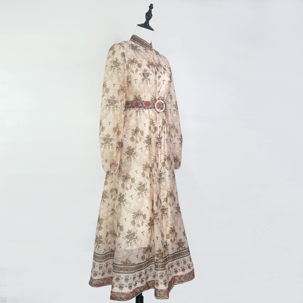 Cstand collar long dress single-breasted belt 2pcs set