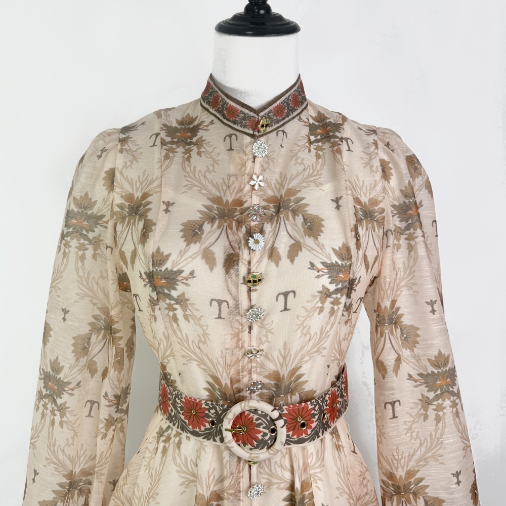 Cstand collar long dress single-breasted belt 2pcs set