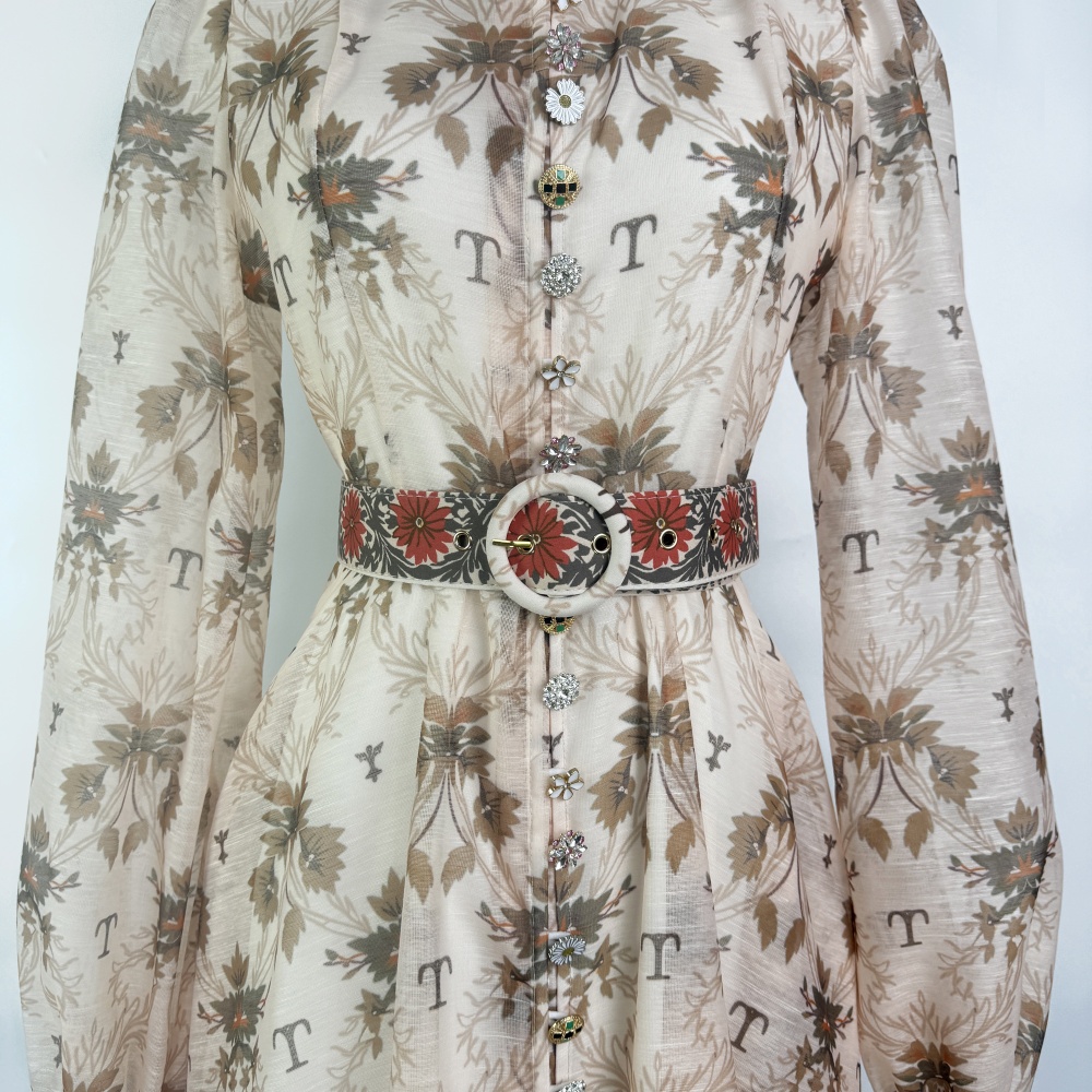 Cstand collar long dress single-breasted belt 2pcs set