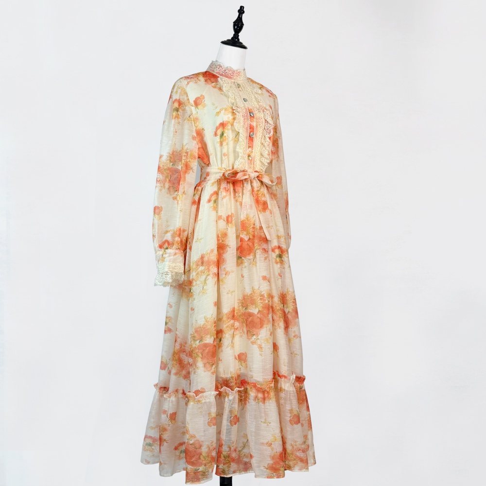 Big skirt cstand collar printing dress for women