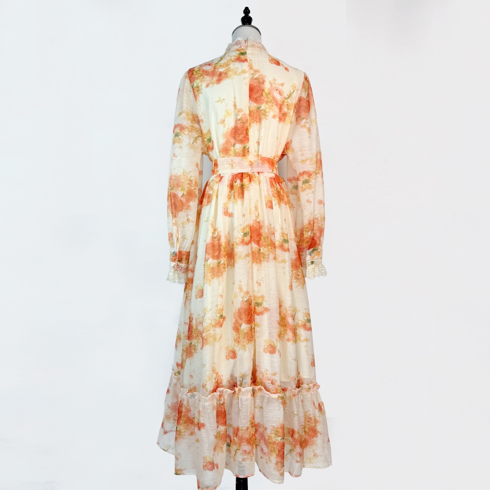 Big skirt cstand collar printing dress for women