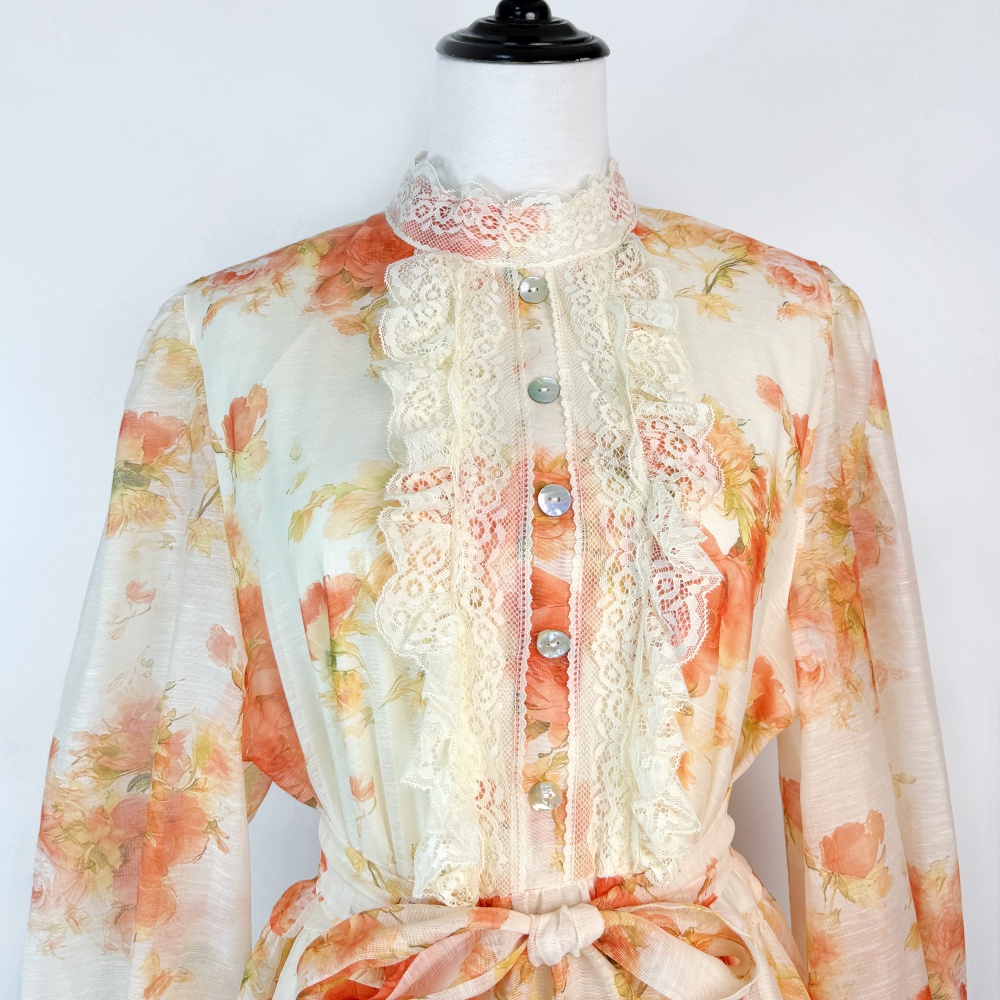 Big skirt cstand collar printing dress for women