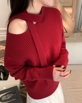 Streamer knitwear strapless tops sweet sloping shoulder sweater
