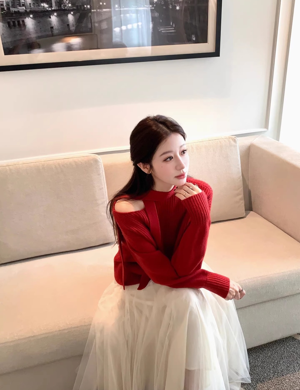 Streamer knitwear strapless tops sweet sloping shoulder sweater