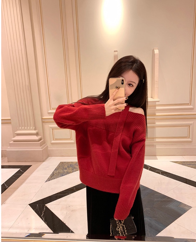 Streamer knitwear strapless tops sweet sloping shoulder sweater