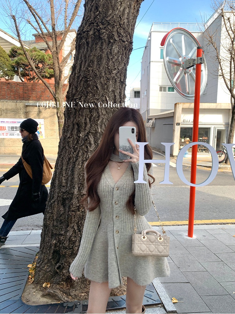 Pinched waist ballet T-back knitted slim dress