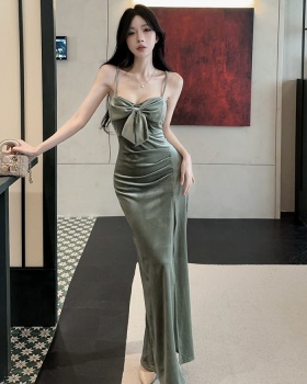 Bow sling sexy splice low-cut long bottoming dress