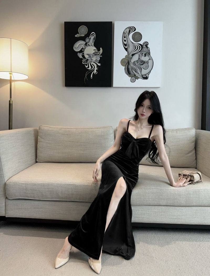 Bow sling sexy splice low-cut long bottoming dress