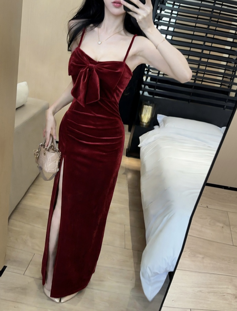 Bow sling sexy splice low-cut long bottoming dress