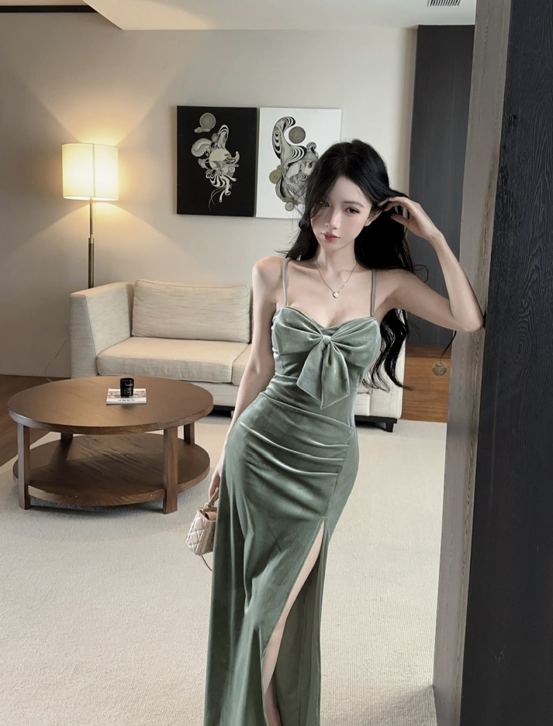 Bow sling sexy splice low-cut long bottoming dress