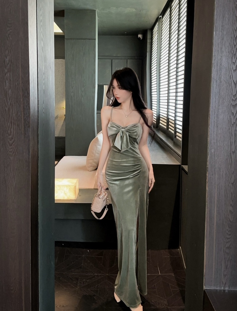 Bow sling sexy splice low-cut long bottoming dress